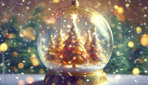 Magical Snow Globe with Christmas Trees and Golden Bokeh Lights