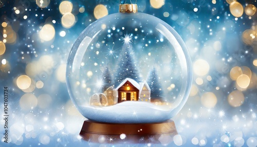 Magical Snow Globe with Christmas Trees and Golden Bokeh Lights