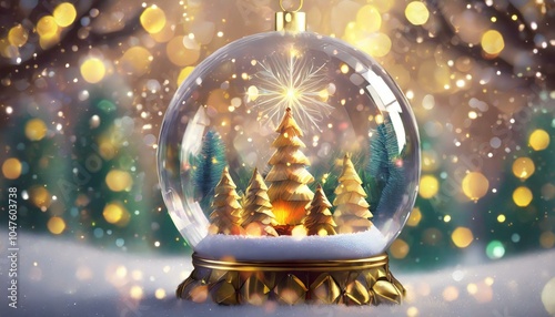 Magical Snow Globe with Christmas Trees and Golden Bokeh Lights