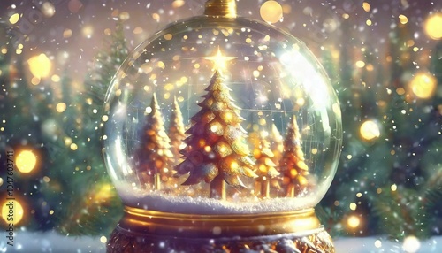 Magical Snow Globe with Christmas Trees and Golden Bokeh Lights