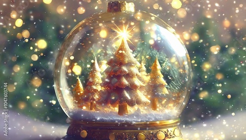 Magical Snow Globe with Christmas Trees and Golden Bokeh Lights