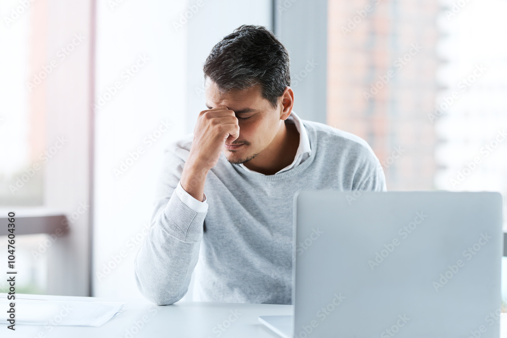 Businessman, headache and eye strain with stress, injury or burnout from mistake or anxiety in office. Tired man, employee and inflammation with sore ache, discomfort or overworked with report Businessman, headache and eye strain with stress, injury or burnout from mistake or anxiety in office. Tired man, employee and inflammation with sore ache, discomfort or overworked with report