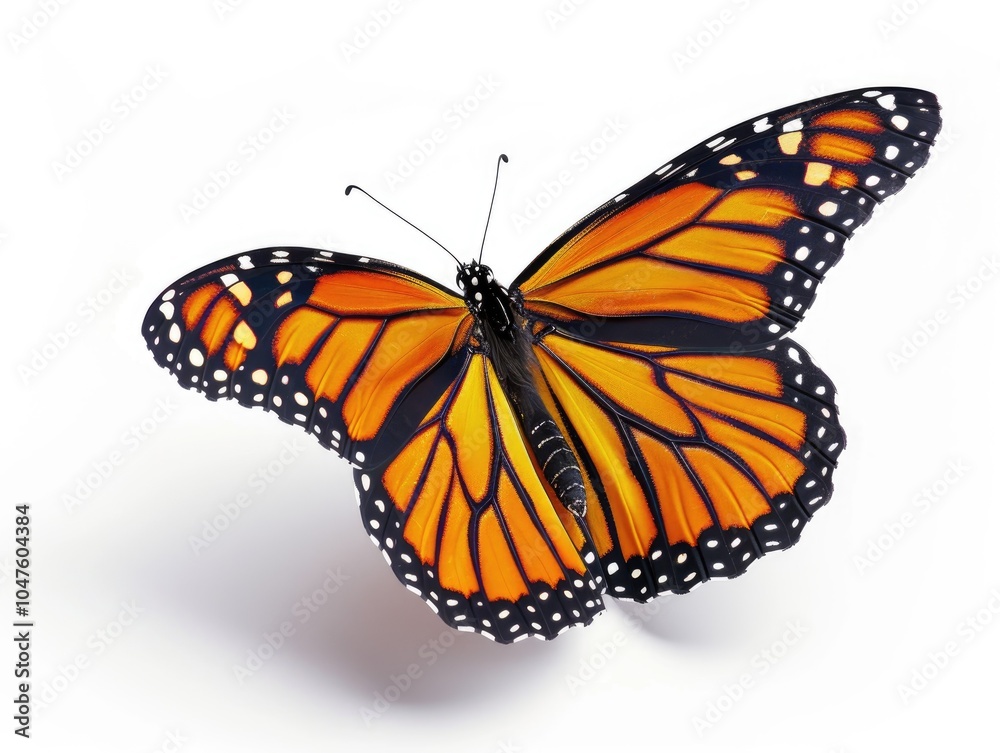 Butterfly with orange and black wings flying on a white background Butterfly with orange and black wings flying on a white background