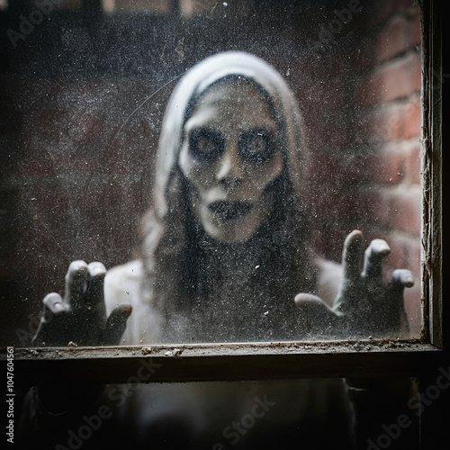 Halloween Day Unearthly Encounter A Mysterious Presence Gazing Through a Dusty Window Evoking Intrigue and Tension in an Abandoned Space photo