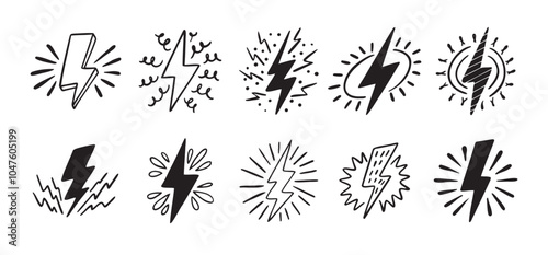 Hand drawn doodle electric lightning symbol sketch set. sparkling emblem. thunder single icons