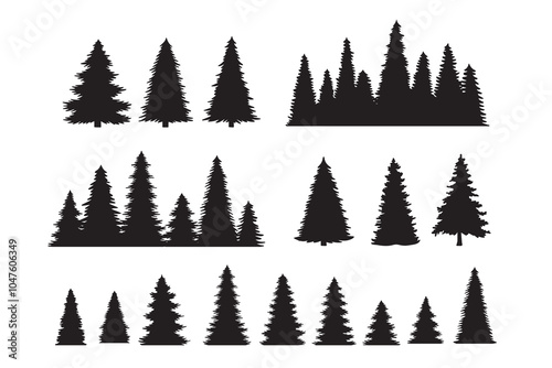 Vintage trees, forest silhouettes set. outline of a coniferous forest. Isolated. 