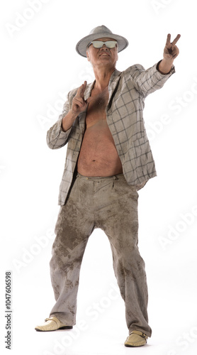 cheerful man tramp in jacket on white background