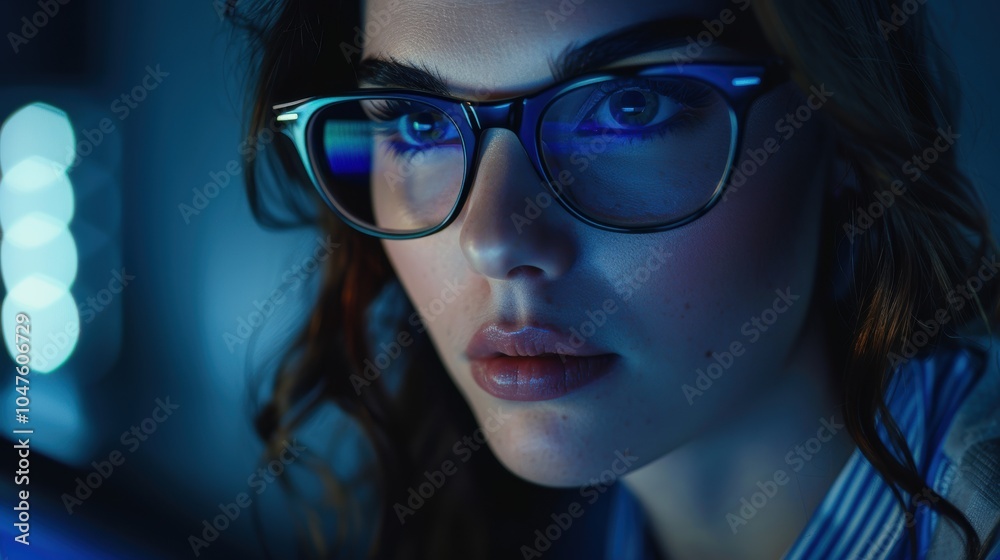 Businesswoman at night using a computer, with reflections in her glasses, focusing on innovation and technology in her career, engaged in reading, coding, or software development Businesswoman at night using a computer, with reflections in her glasses, focusing on innovation and technology in her career, engaged in reading, coding, or software development