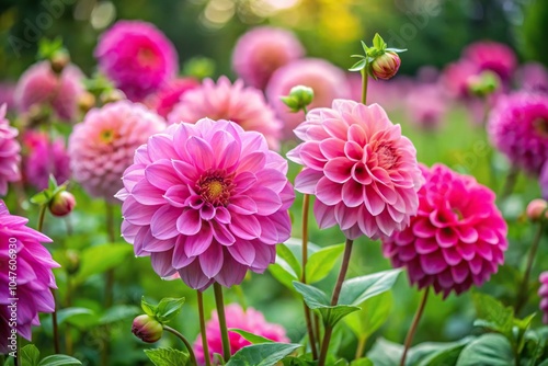 symmetrical pink flowers, garden, lush green grass, natural landscape