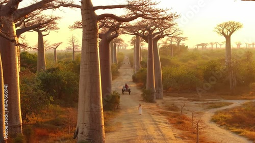 Aerial view of a young beautiful woman in a white dress enjoying a beautiful sunset while walking on a dirt road in the avenue of baobabs, Madagascar