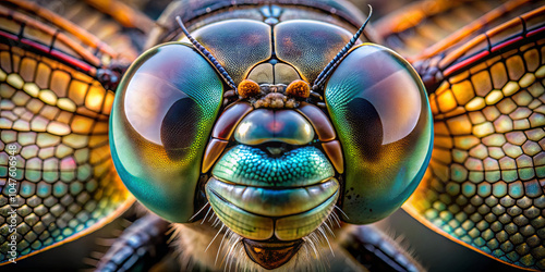 This close-up captures the intricate details of a dragonfly's head, highlighting its large, colorful eyes and fine texture. The sunlight enhances the vibrant colors and patterns