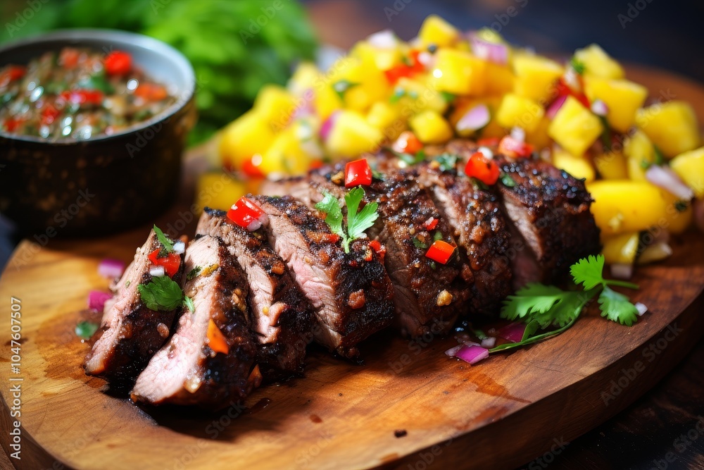 Naklejka premium Jamaican Jerk Pork with Tropical Salsa