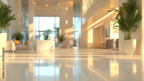 A blurred view of a modern hotel or office lobby, showcasing a sleek reception area bathed in natural light, where elegant white spaces and glass walls merge seamlessly in a luxurious ambiance.