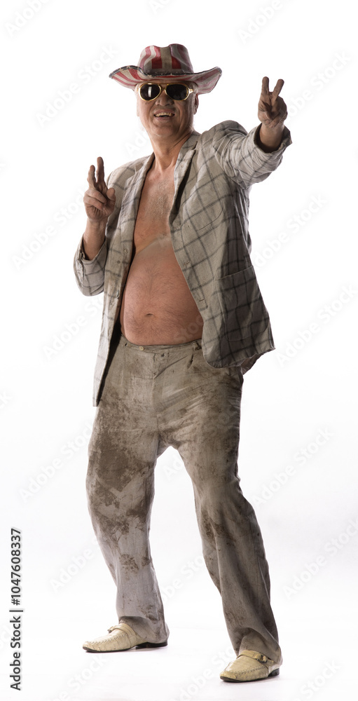 cheerful man tramp in jacket on white background cheerful man tramp in jacket on white background
