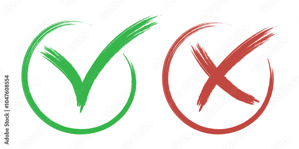 Tick and cross signs. False and true, right and wrong. Correct and incorrect, accept and reject. Scribbles grunge graphitti brush. Tick OK and X cross.