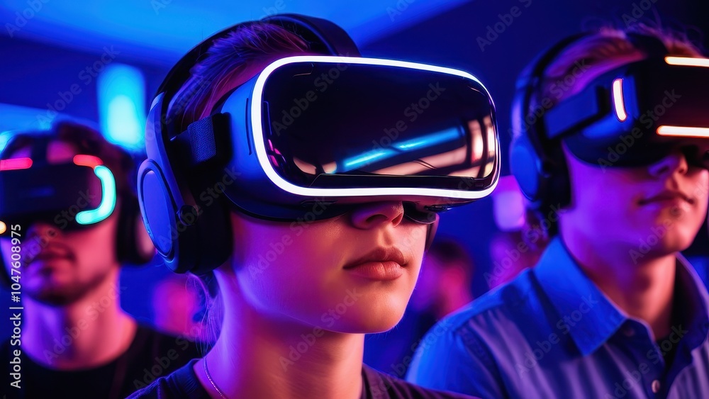 A group of teenagers immerses themselves in VR esports, competing in a neon-lit environment with focus and excitement. A group of teenagers immerses themselves in VR esports, competing in a neon-lit environment with focus and excitement.