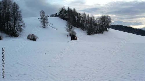 Aerial view of snow-covered hills with scattered trees and small cabins under a cloudy winter sky, creating a serene and remote landscape. photo