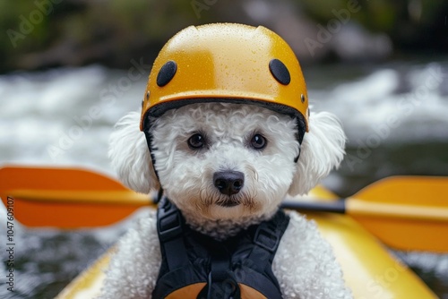 Adventurous white dog kayaking in safety gear on a river adventure