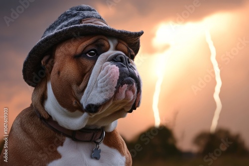 English bulldog in hat against dramatic lightning storm background photo