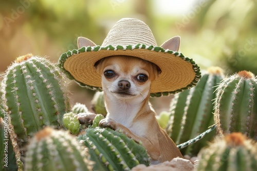 Adorable chihuahua with sombrero amidst cacti in sunlit desert scene photo