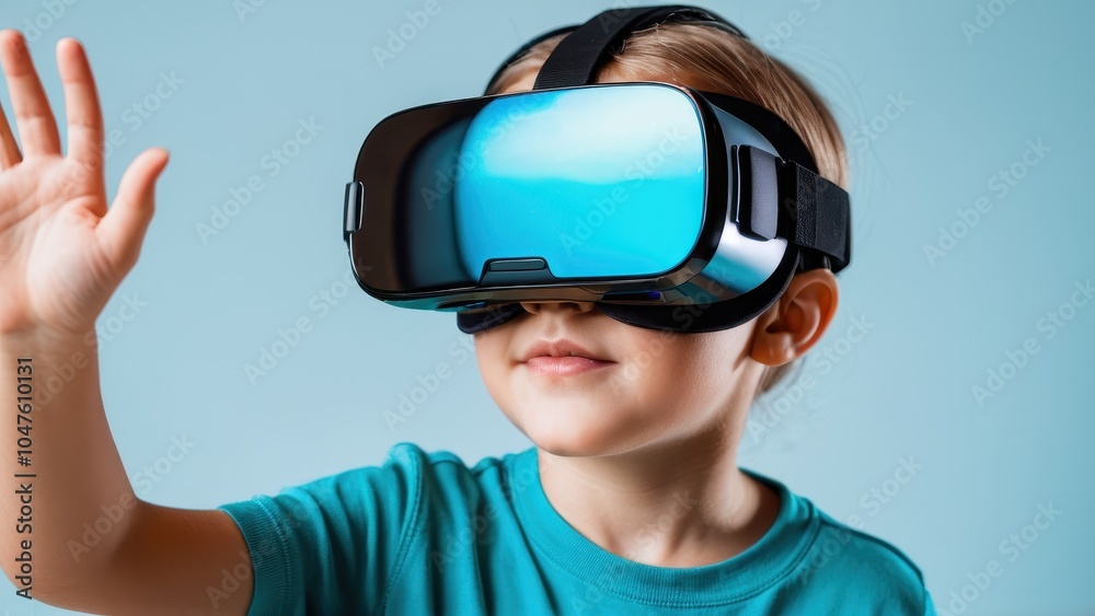 A young child explores virtual reality, fully immersed in a playful digital environment using a VR headset. A young child explores virtual reality, fully immersed in a playful digital environment using a VR headset.