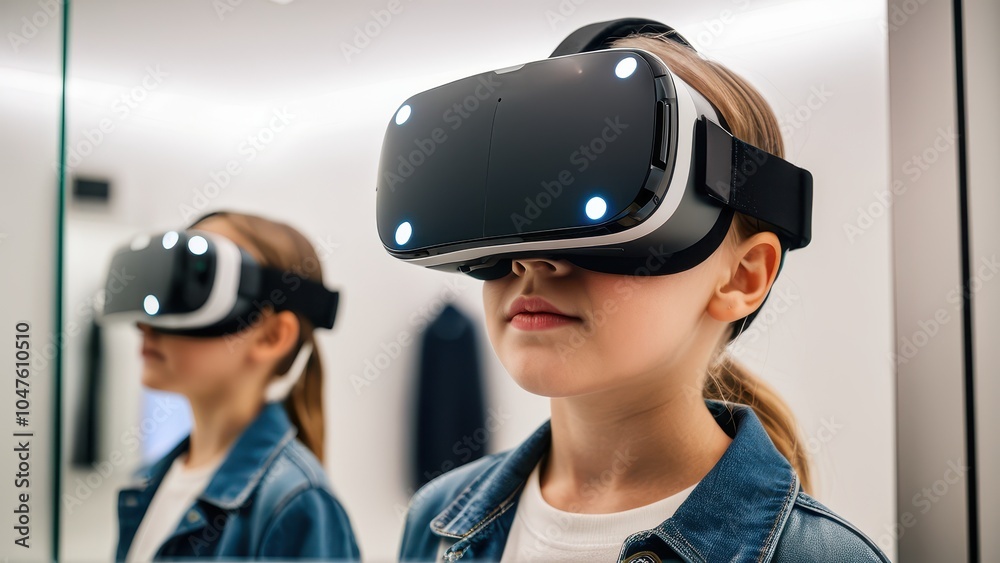 Immersed in a virtual fitting environment, the child explores different clothing options without physically trying them on.
