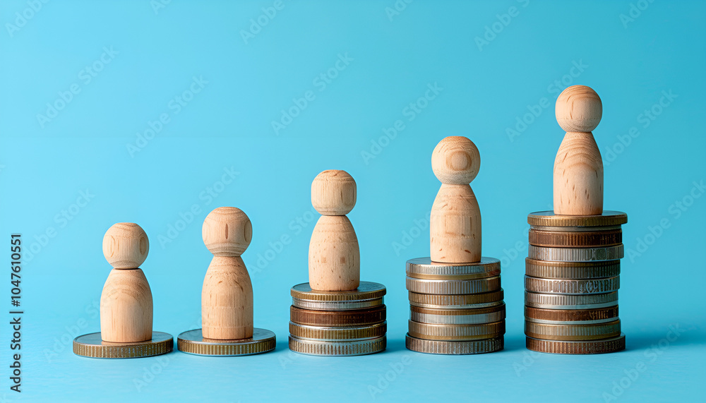 Financial inequality. Wooden figures and stacked coins of different heights on a blue background Financial inequality. Wooden figures and stacked coins of different heights on a blue background