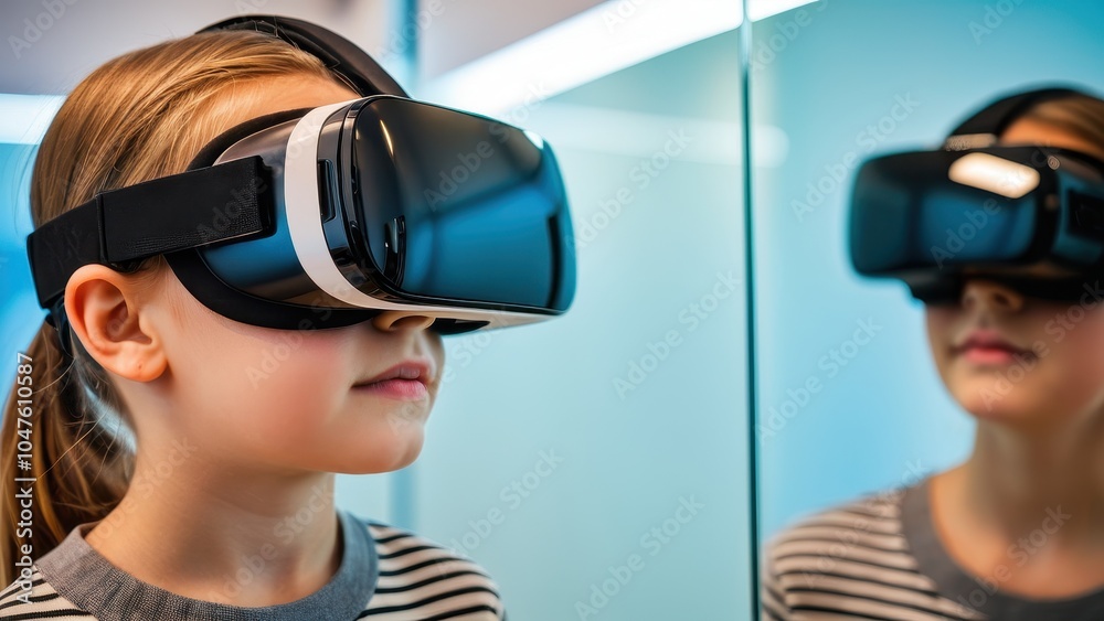 Immersed in a virtual fitting environment, the child explores different clothing options without physically trying them on. Immersed in a virtual fitting environment, the child explores different clothing options without physically trying them on.