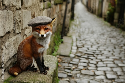 Fox in tweed cap sitting on cobblestone alleyway