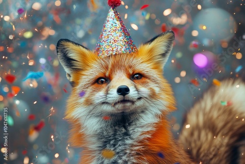 Charming fox celebrating in festive hat with colorful confetti and sparkling background