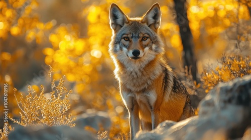 A coyote sits alertly amidst golden foliage, its piercing gaze fixed on the viewer. photo