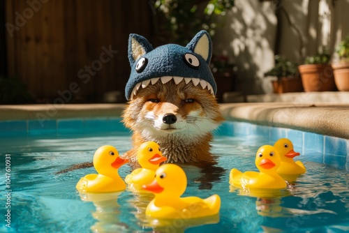 Playful fox wearing hat surrounded by rubber ducks in a pool photo