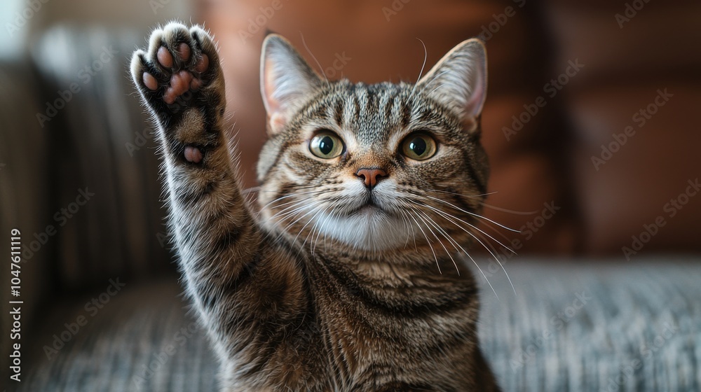 A playful cat raising its paw while sitting on a cozy couch in a warm living room during the afternoon sunshine A playful cat raising its paw while sitting on a cozy couch in a warm living room during the afternoon sunshine