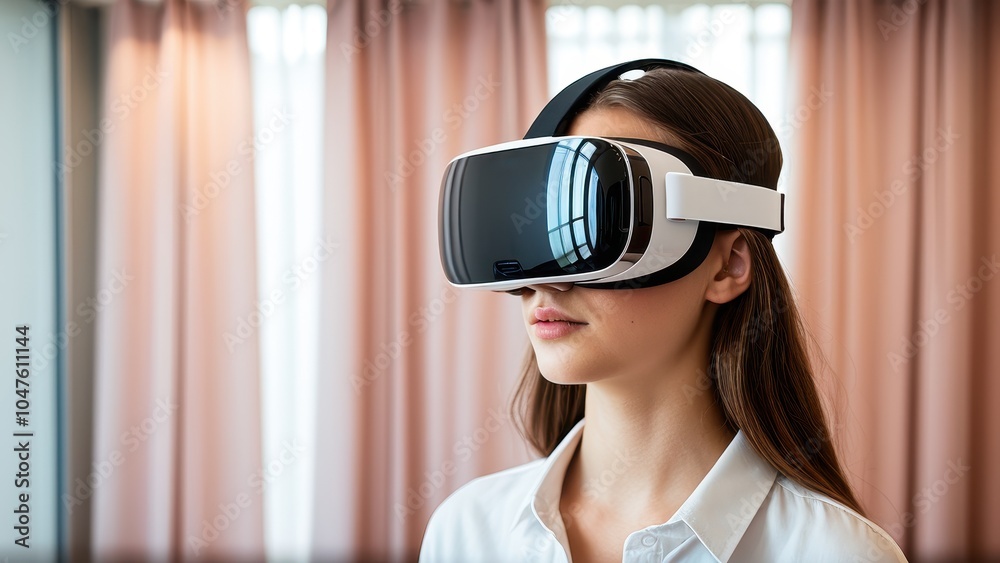 A teenager explores fashion in a virtual fitting room using VR technology to try on clothes effortlessly. A teenager explores fashion in a virtual fitting room using VR technology to try on clothes effortlessly.