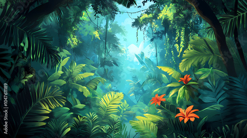 Dibujo de selva tropical con plantas y animales, lores, tucanes. Rainforest Canopy. Illustration