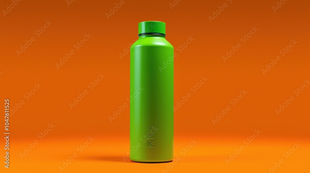 A bright green water bottle with a matte finish stands tall on a striking orange background, emphasizing the vibrant color contrast for an eye-catching display. A bright green water bottle with a matte finish stands tall on a striking orange background, emphasizing the vibrant color contrast for an eye-catching display.