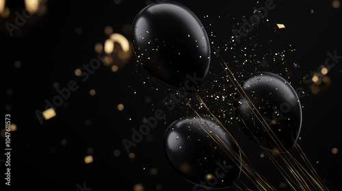 Eleganter schwarzer Hintergrund mit schwebenden, glänzenden schwarzen Ballons. Verstreuter goldener Glitzerstaub sorgt für festliche Akzente. Luxuriöse Atmosphäre für Black Friday & Silvester Events photo