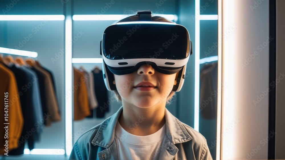Immersed in a virtual fitting environment, the child explores different clothing options without physically trying them on. Immersed in a virtual fitting environment, the child explores different clothing options without physically trying them on.