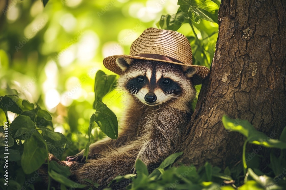 Fototapeta premium Adorable raccoon with straw hat relaxing by a tree in lush greenery