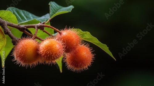 A cluster of orange, fuzzy fruits grows on a leafy branch, captured against a dark background, displaying nature's intricate beauty in a serene outdoor setting.