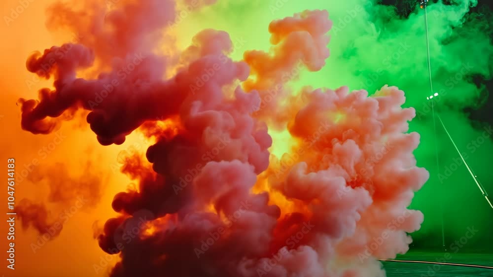 Pink smoke billows against a green backdrop in a studio setting Pink smoke billows against a green backdrop in a studio setting