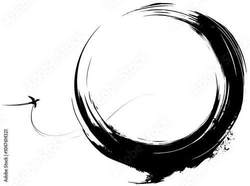 Black ink brush strokes and drops naturally form a circle, an abstract bird at the side, The Ink texture is inspired by traditional Asian calligraphy
