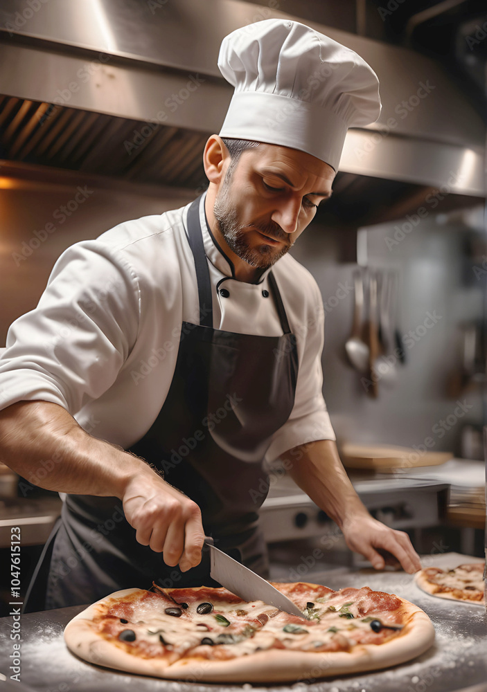 cook cuts pizza, in pizzeria cook cuts pizza, in pizzeria
