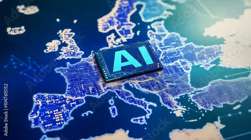 Europe Map with virtual gavel and sound block and AI word. Concept of the EU recently adopted the AI Act, ushering in new restrictions on Artificial Intelligence use cases and mandating transparency photo