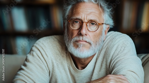 An elderly man with a white beard and round glasses sits pensively, wearing a cream sweater, in a warmly lit library, displaying a contemplative demeanor.