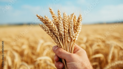 A hand clutching a bunch of golden wheat stalks with a lush field in the background, illuminated by bright, natural sunlight, symbolizing growth and abundance.