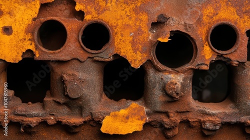 Detailed view of a decaying surface with rust patterns, showing round cutouts and intricate textures, reflecting time's effect on material degradation.