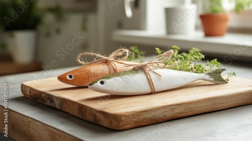 Carved wooden fish decorated with fresh herbs are placed creatively on a wooden board, showcasing an artistic and rustic kitchen arrangement in natural lighting.