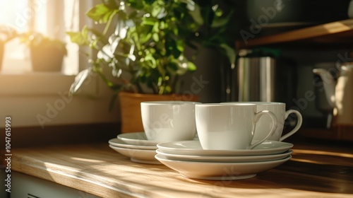 Elegant white ceramic cups neatly placed on top of plates in a sunlit kitchen, surrounded by a warm ambiance with plants and cozy wooden decor.