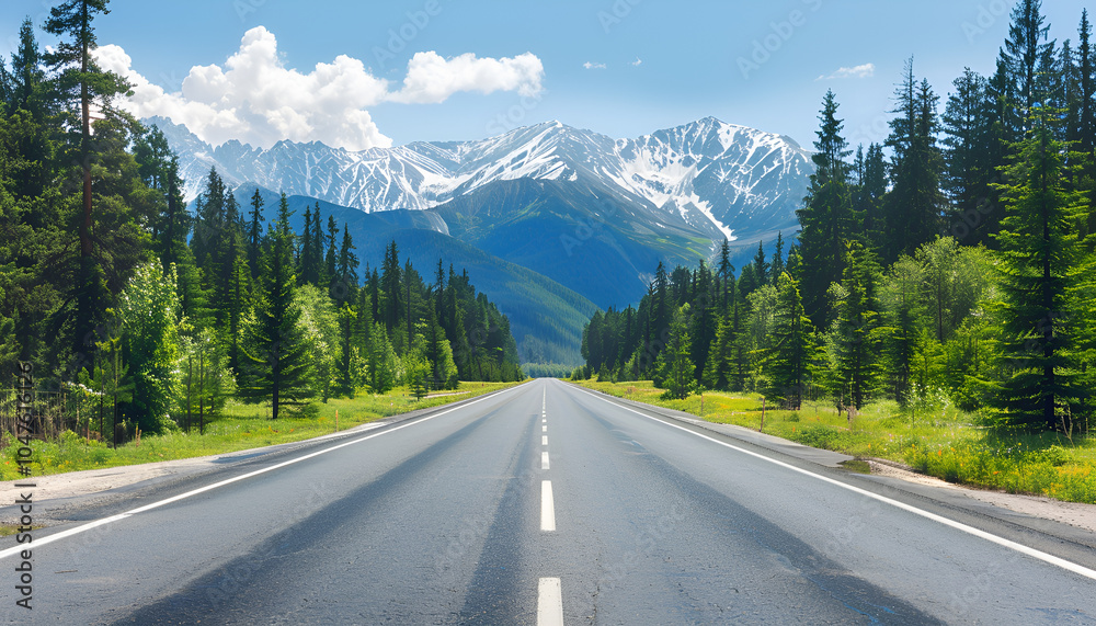 Beautiful view of asphalt road and conifer forest in mountains Beautiful view of asphalt road and conifer forest in mountains